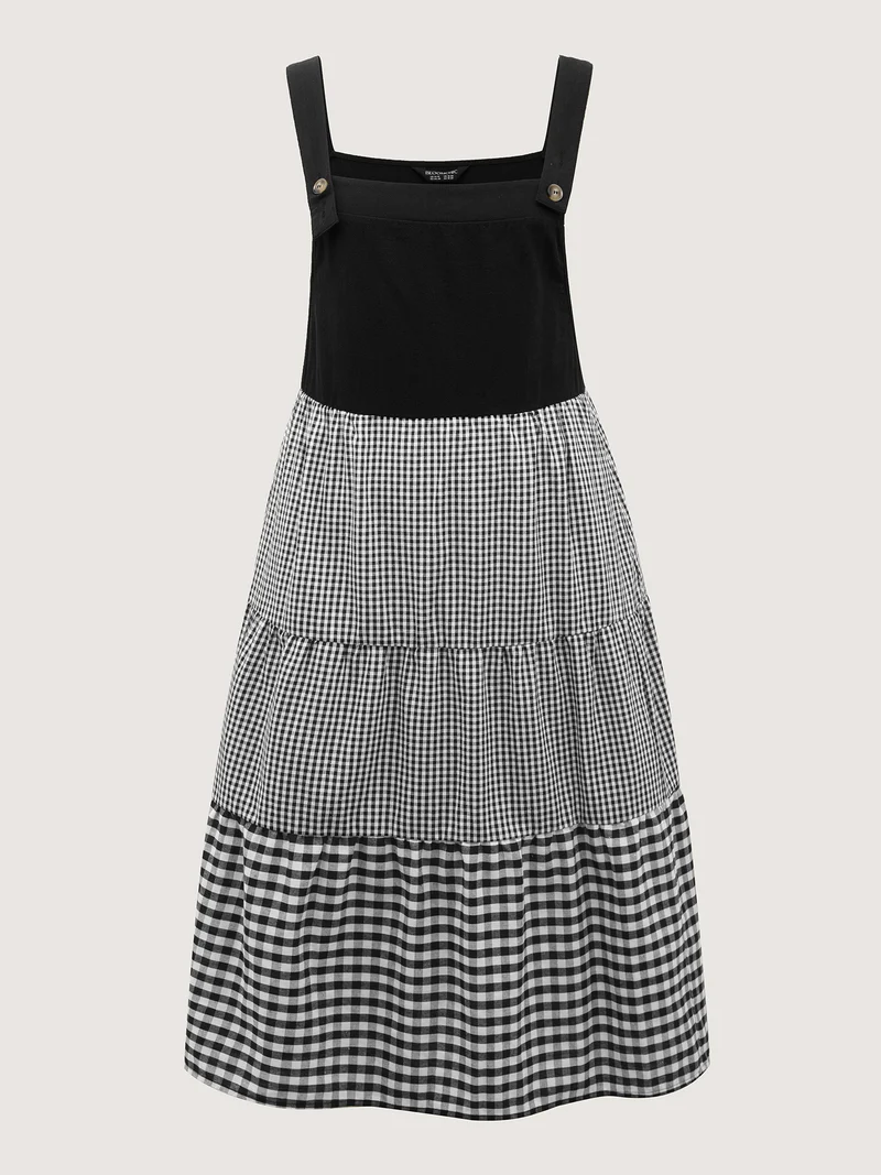 Cotton Gingham Patchwork Overall Strap Midi Dress