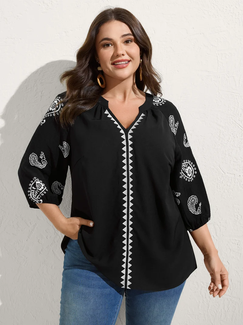 Paisley Embroidered Sleeve Spliced Blouse