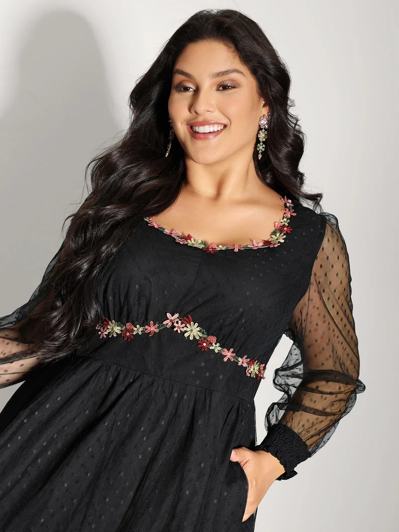 Floral Embroidery Sheer Detail Midi Dress