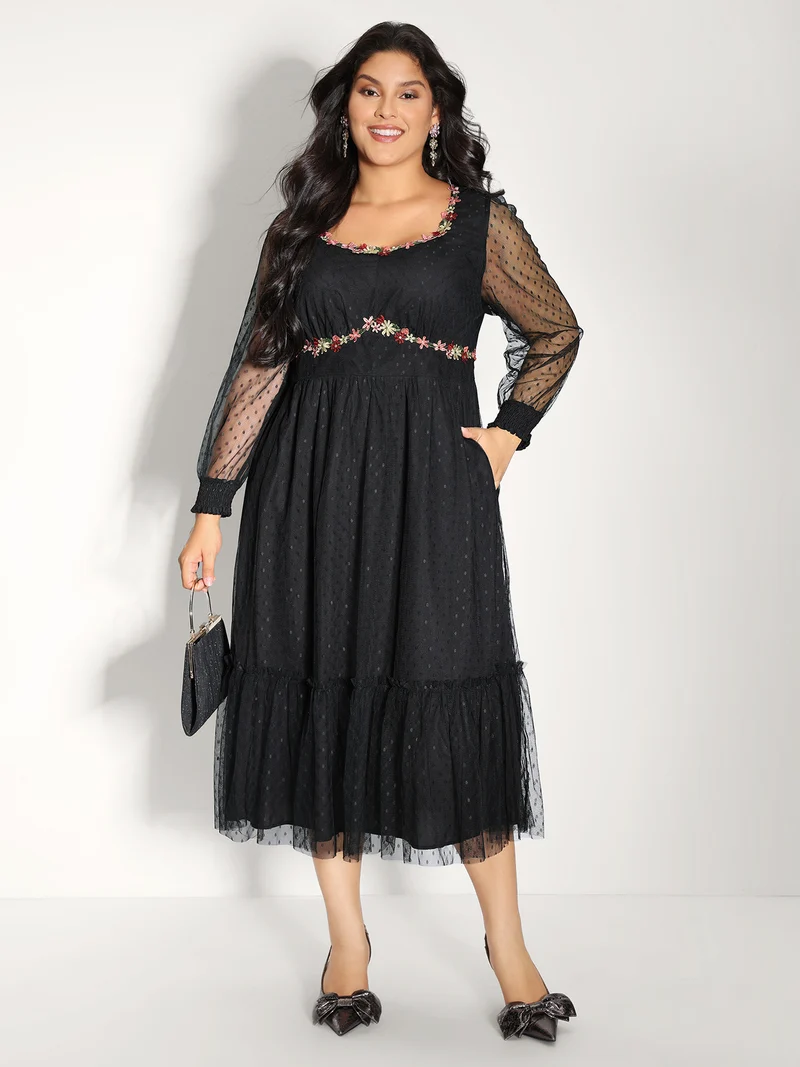 Floral Embroidery Sheer Detail Midi Dress