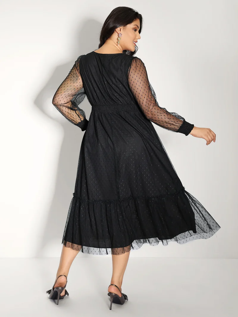 Floral Embroidery Sheer Detail Midi Dress