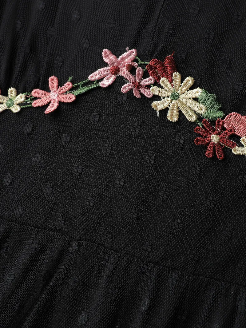 Floral Embroidery Sheer Detail Midi Dress
