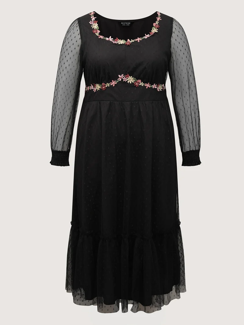 Floral Embroidery Sheer Detail Midi Dress