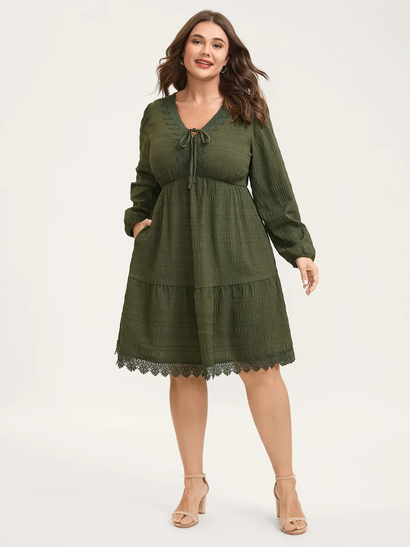 Textured Lace Adjustable Neck-Tie Midi Dress