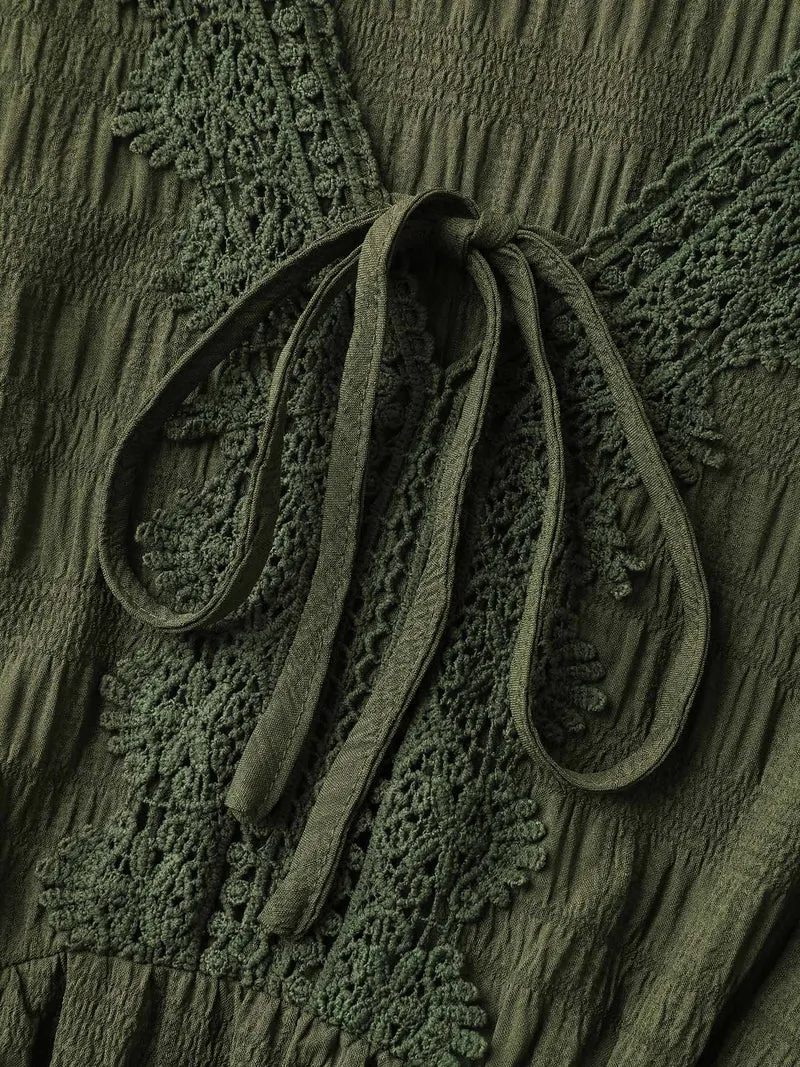 Textured Lace Adjustable Neck-Tie Midi Dress