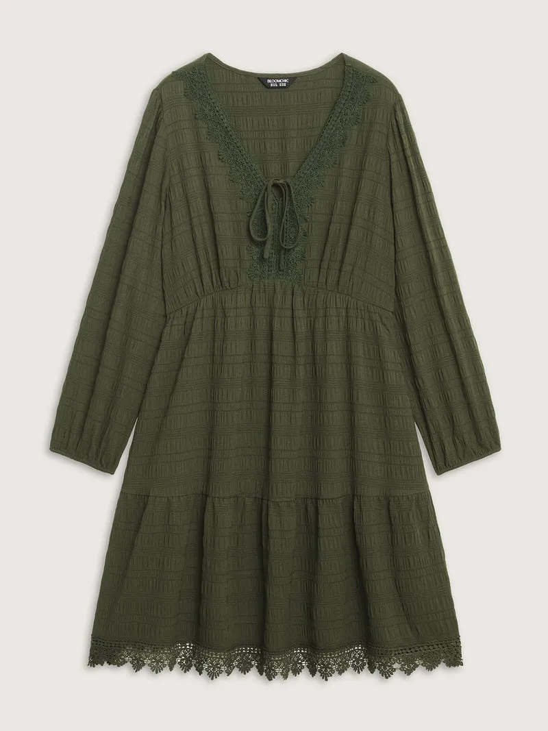 Textured Lace Adjustable Neck-Tie Midi Dress
