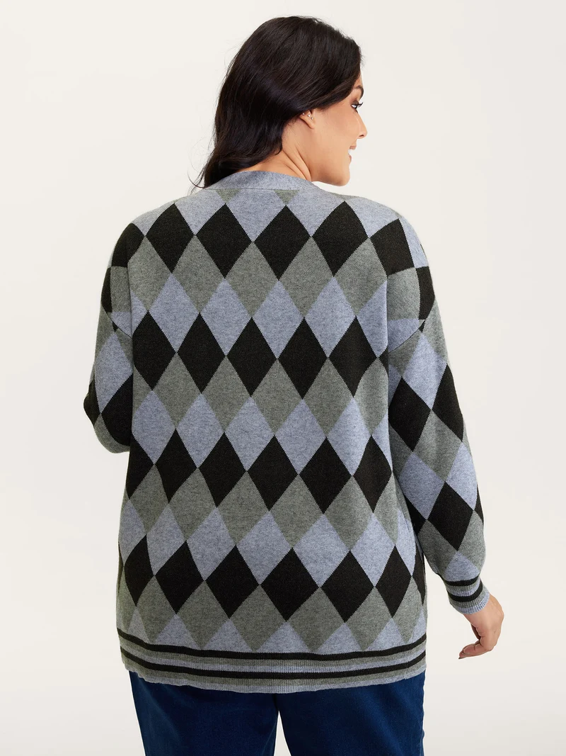 Geometrical Pattern Open-Front Knit Cardigan