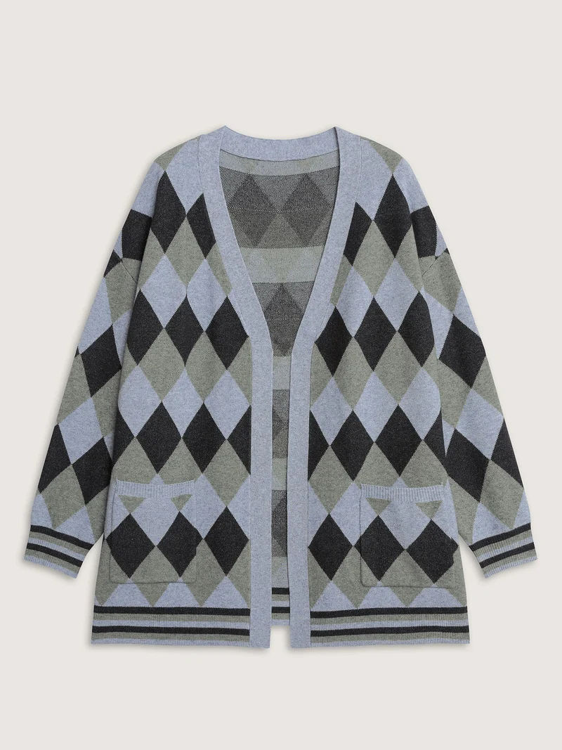 Geometrical Pattern Open-Front Knit Cardigan