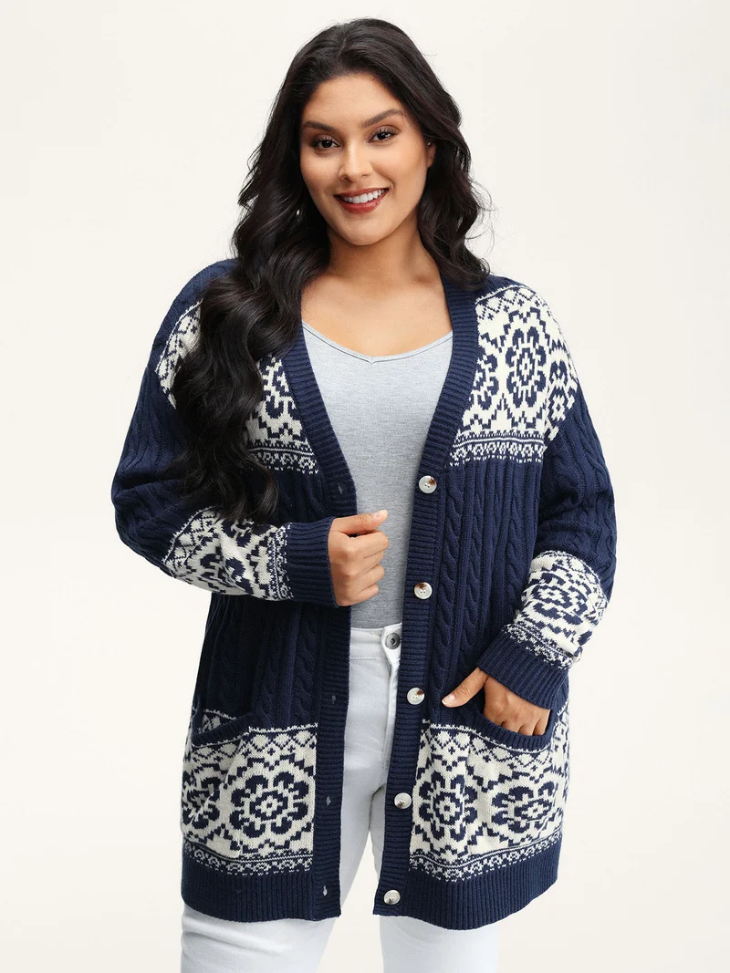 Cable Knit Floral Jacquard Pockets Knit Cardigan