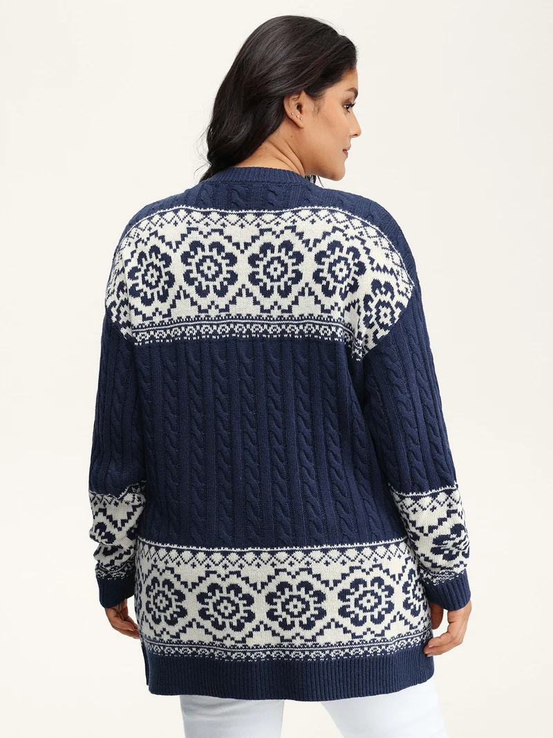 Cable Knit Floral Jacquard Pockets Knit Cardigan