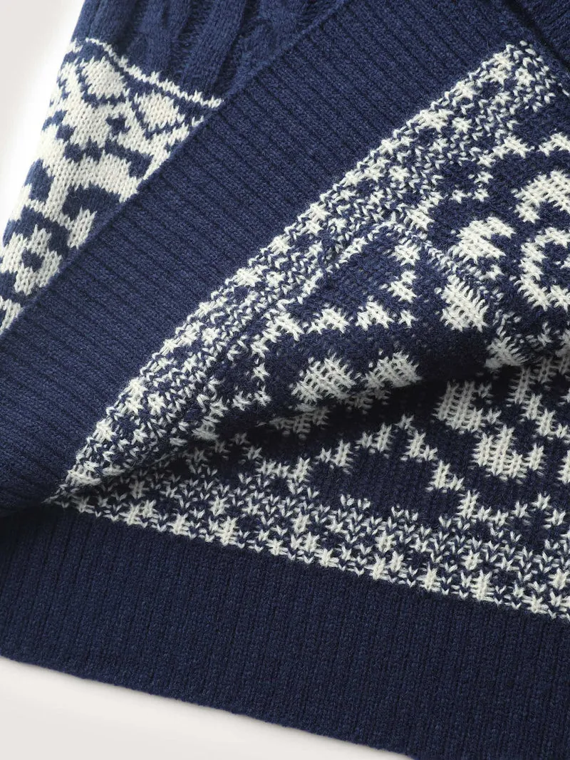 Cable Knit Floral Jacquard Pockets Knit Cardigan