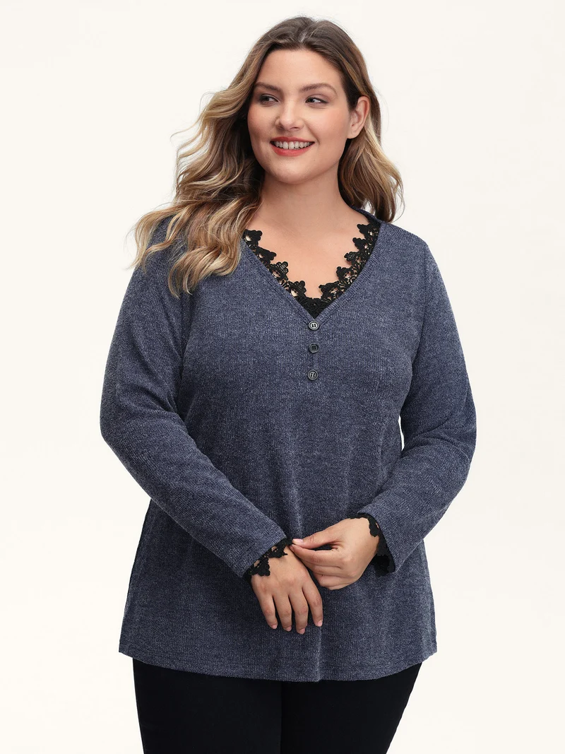 Lace V-Neckline Solid T-Shirt