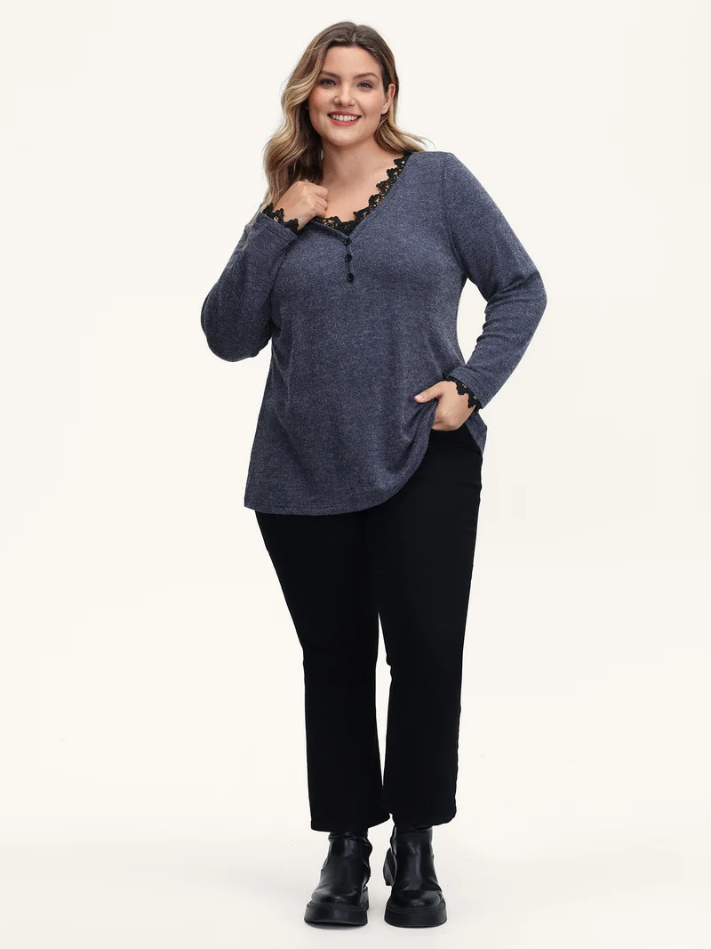 Lace V-Neckline Solid T-Shirt
