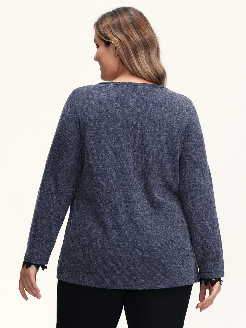 Lace V-Neckline Solid T-Shirt