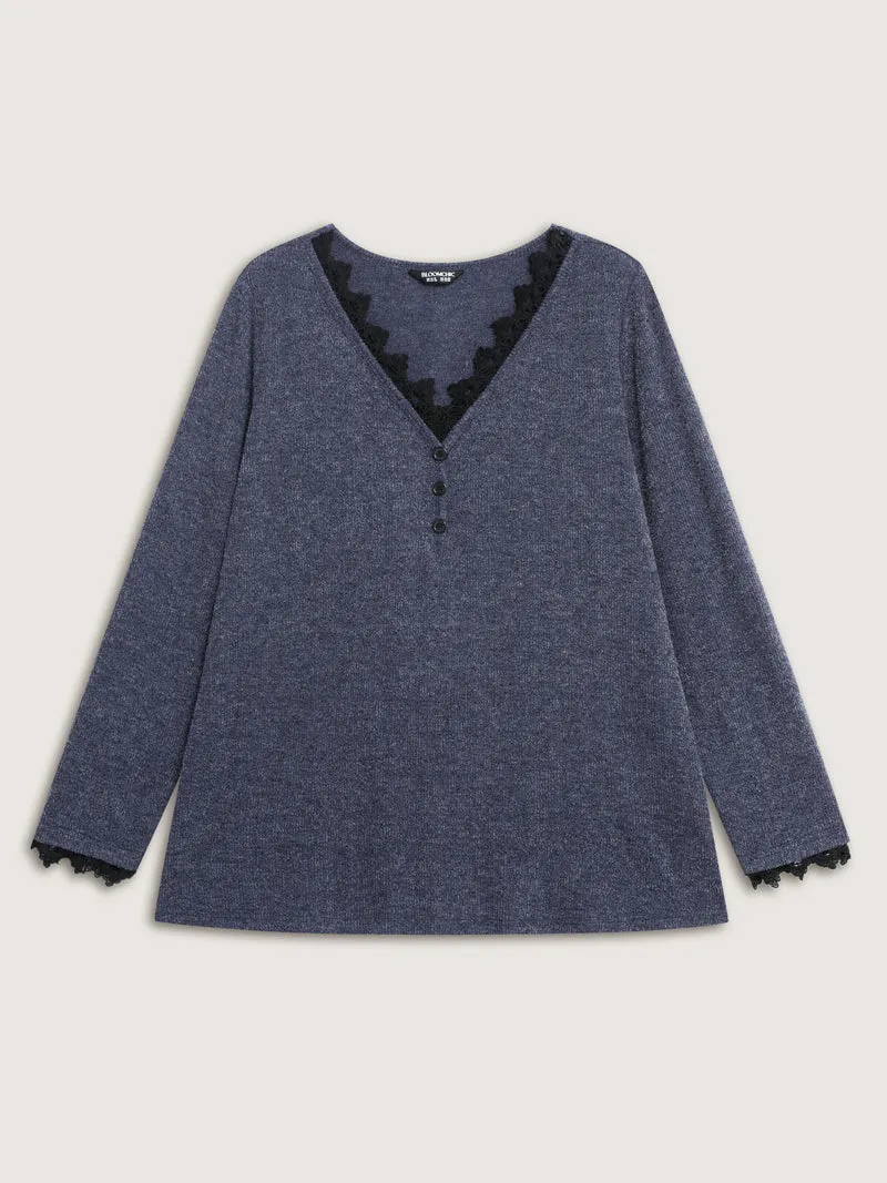 Lace V-Neckline Solid T-Shirt
