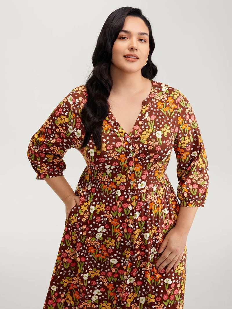 Rayon Floral Print Midi Dress