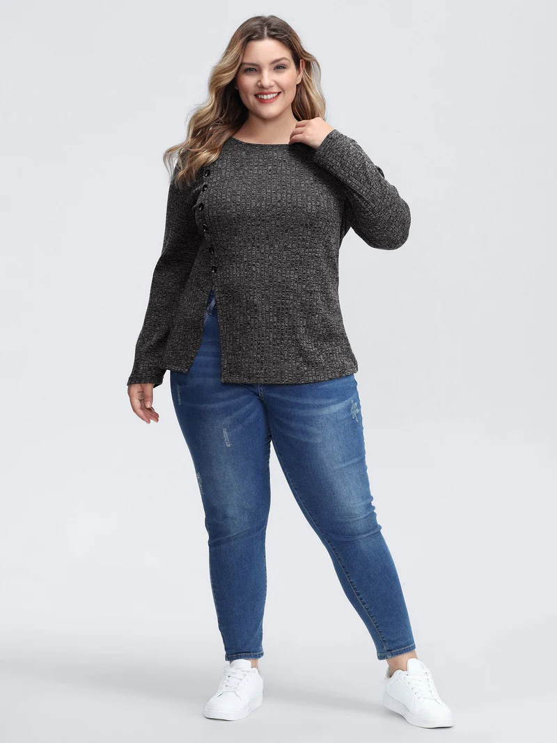 Stretchy Side Button Detail Slit T-Shirt