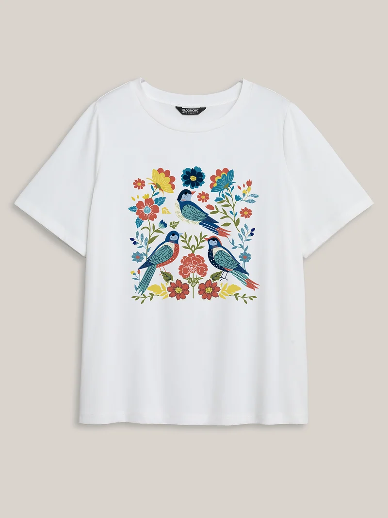 Little Birdie Print Round Neck T-Shirt