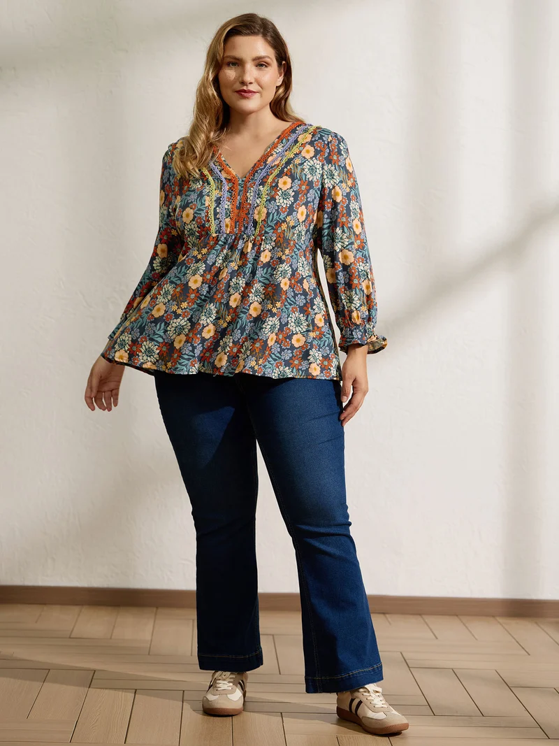 Cozy Floral Print Lace Trim Blouse
