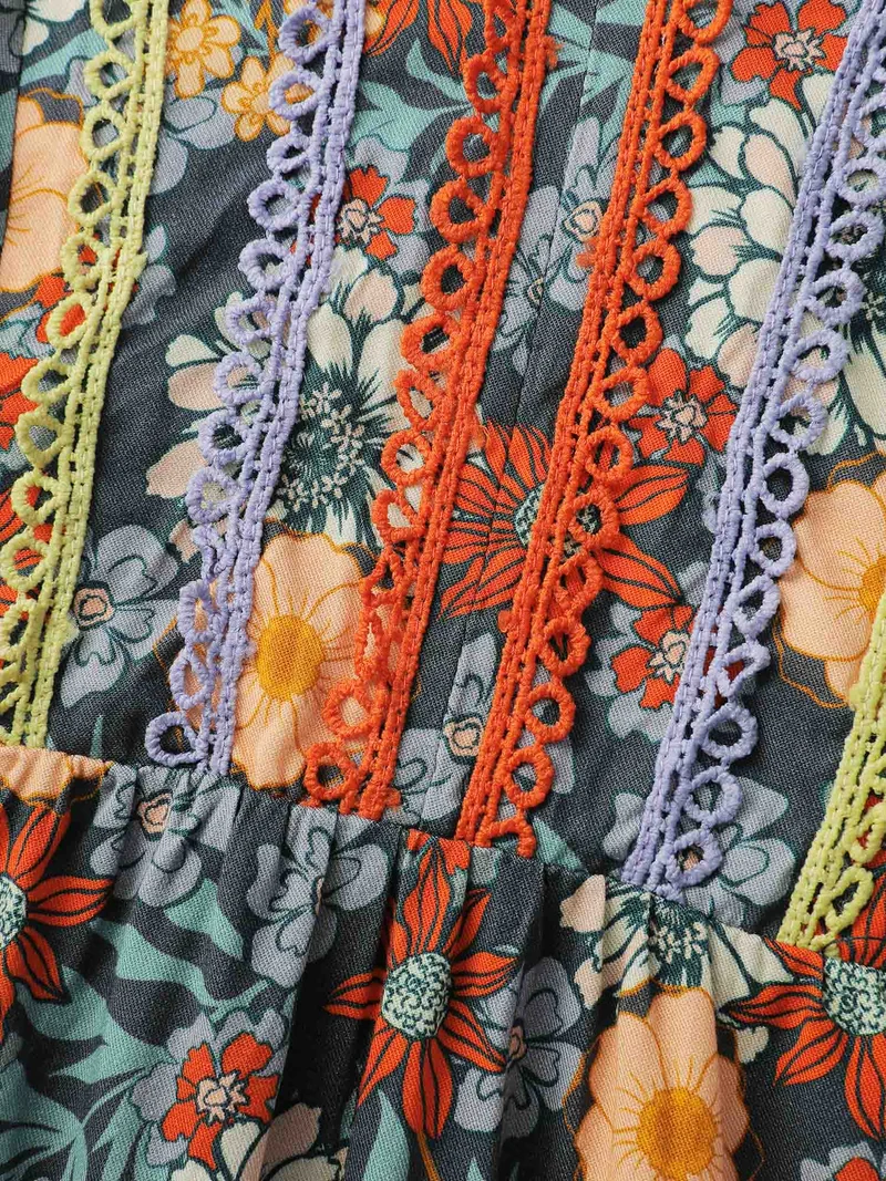 Cozy Floral Print Lace Trim Blouse
