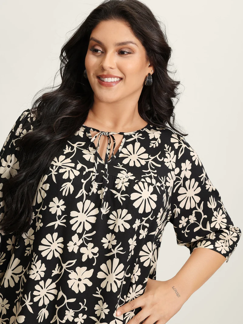 Floral Sleeve Neck-Tie A-Line Blouse