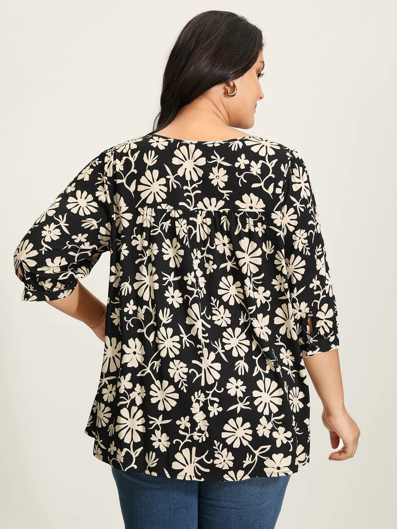 Floral Sleeve Neck-Tie A-Line Blouse