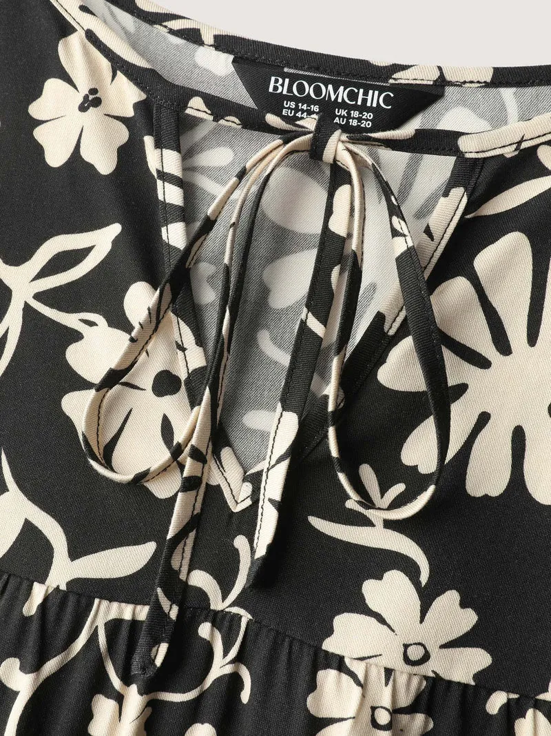 Floral Sleeve Neck-Tie A-Line Blouse