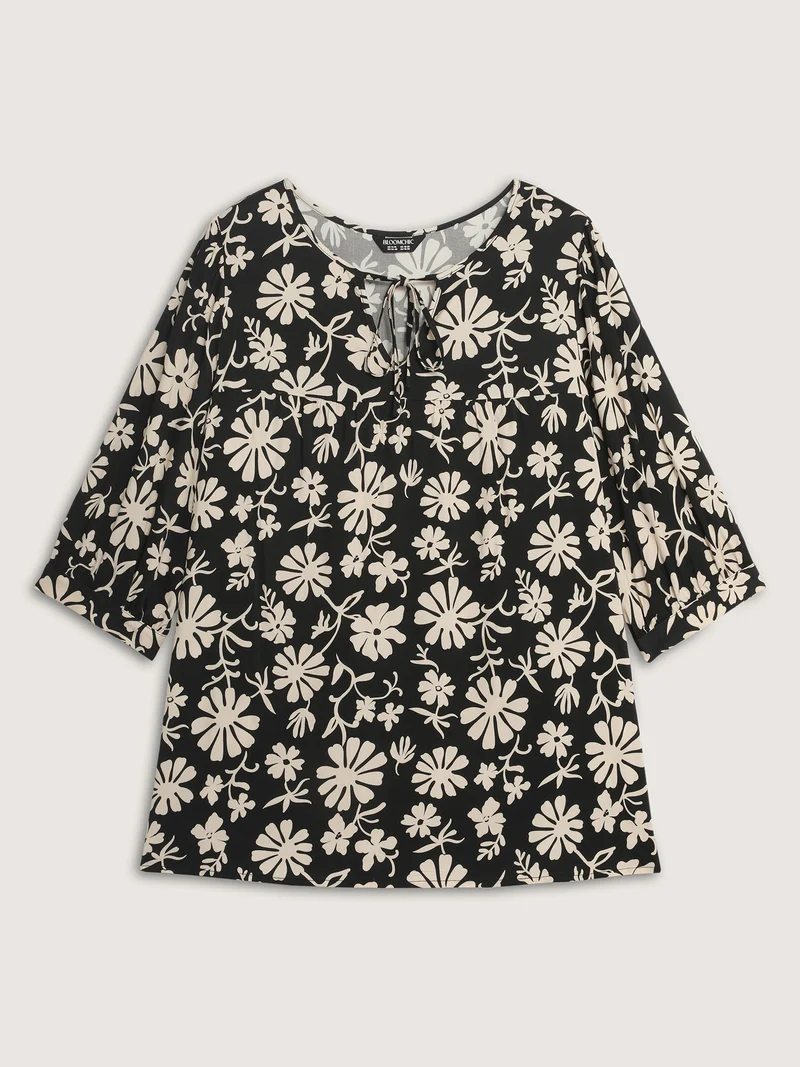 Floral Sleeve Neck-Tie A-Line Blouse