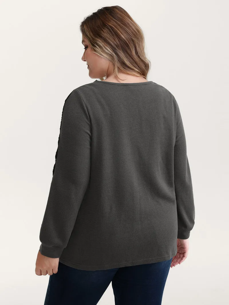 Lace Trim Textured V-Neck T-Shirt
