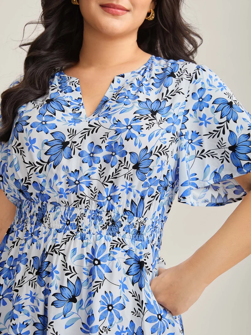 Floral Notched Collar Shirred Waist Blouse