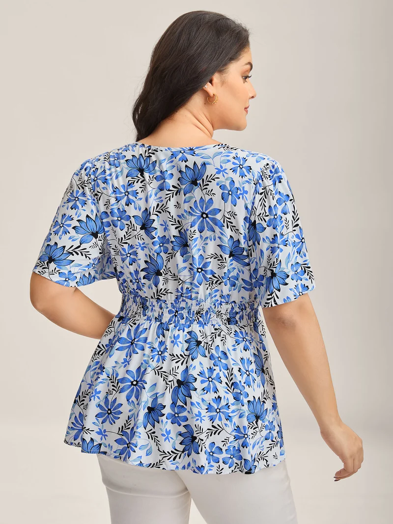Floral Notched Collar Shirred Waist Blouse