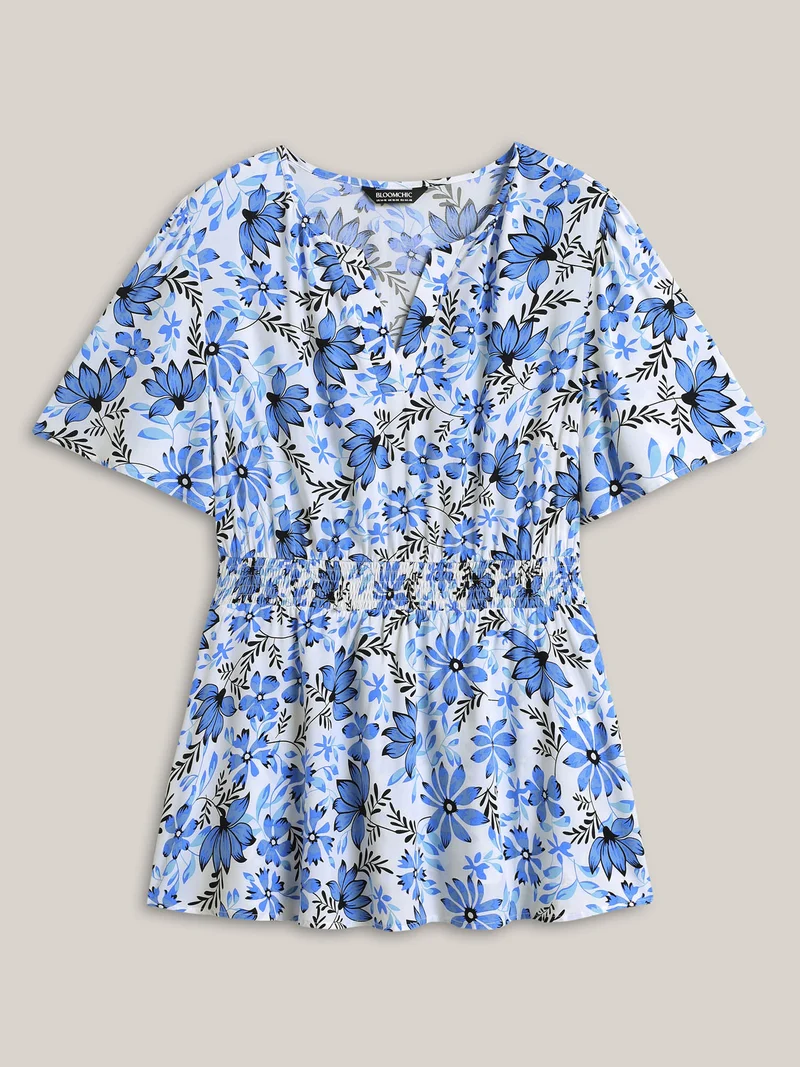 Floral Notched Collar Shirred Waist Blouse