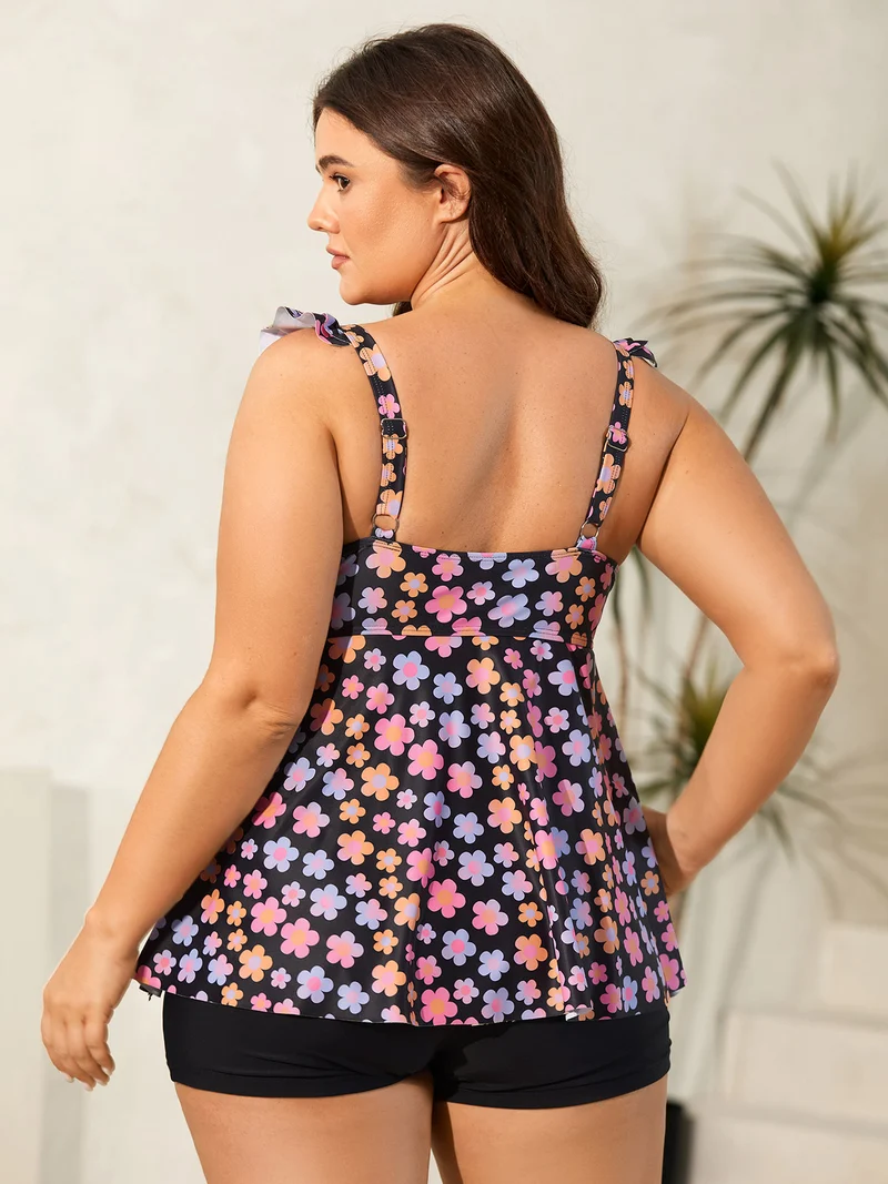 Sweet Floral Print Wide Strap Swim Top