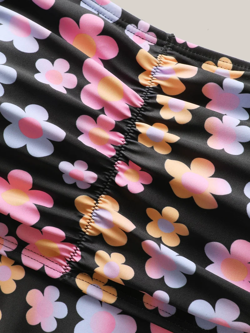 Sweet Floral Print Wide Strap Swim Top