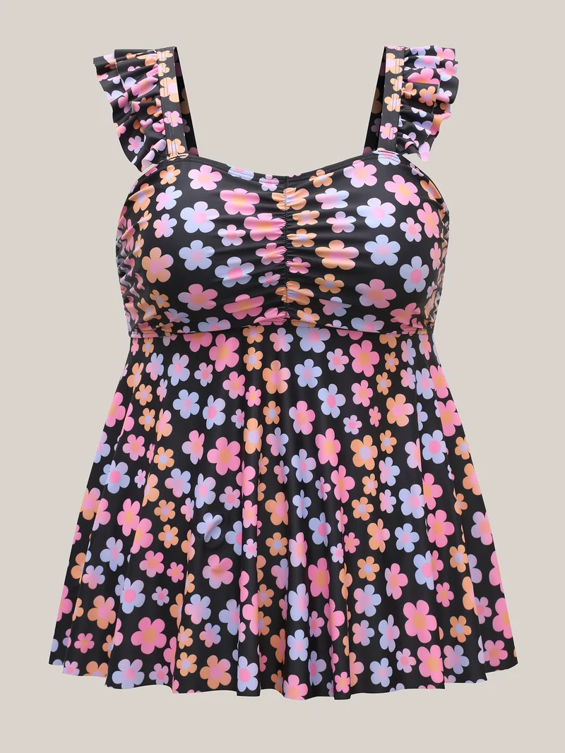 Sweet Floral Print Wide Strap Swim Top