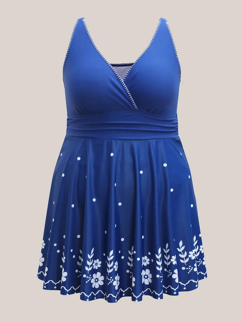 Anti-Float Tie Floral Print Embroidered Swim Dress