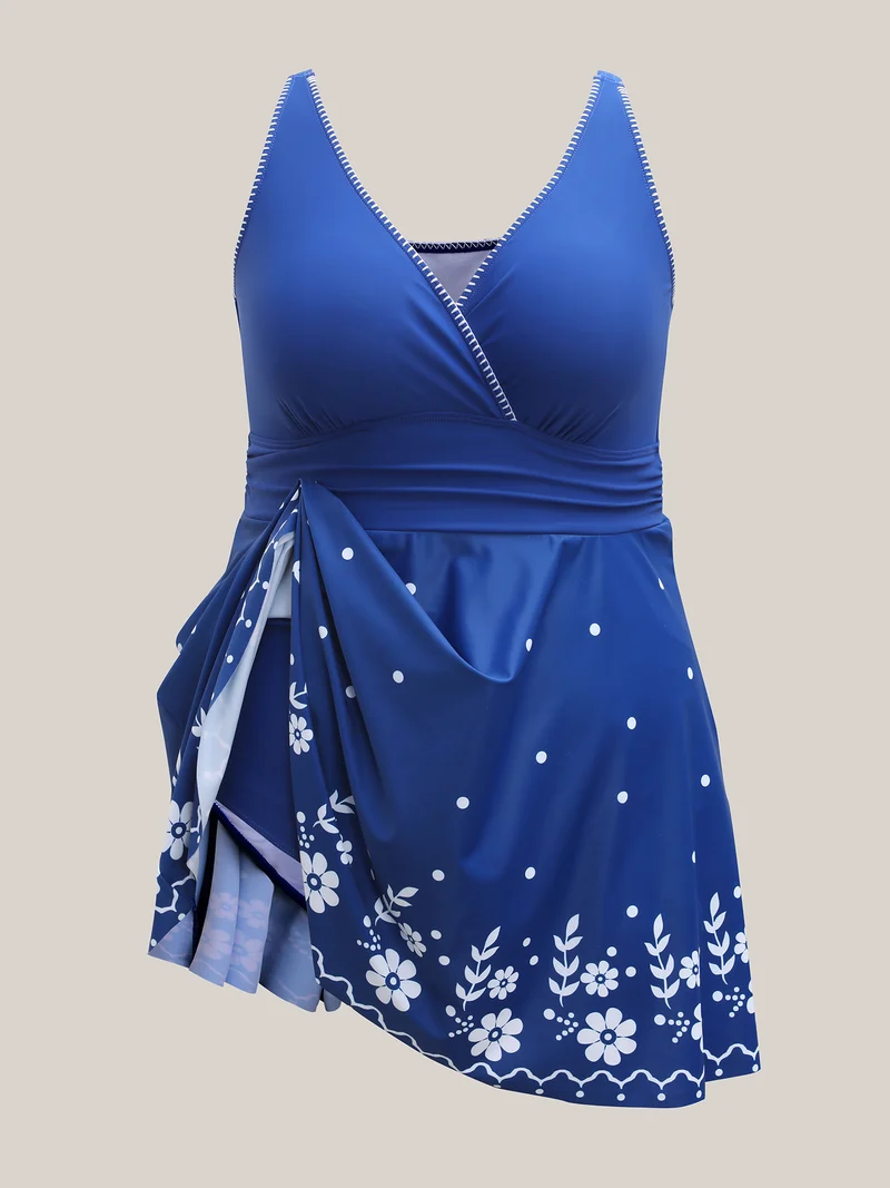 Anti-Float Tie Floral Print Embroidered Swim Dress
