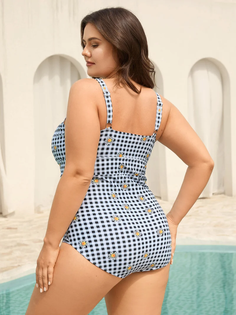 Plaid Floral Print Drawstring One-Piece Swimsuit