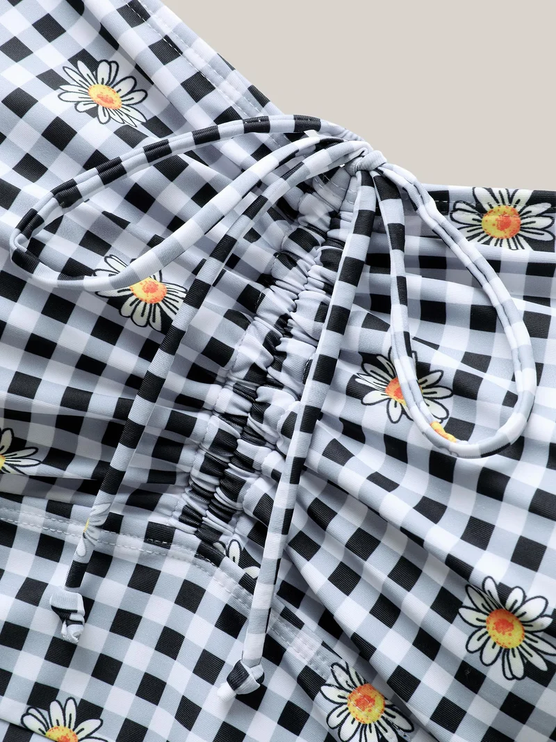 Plaid Floral Print Drawstring One-Piece Swimsuit