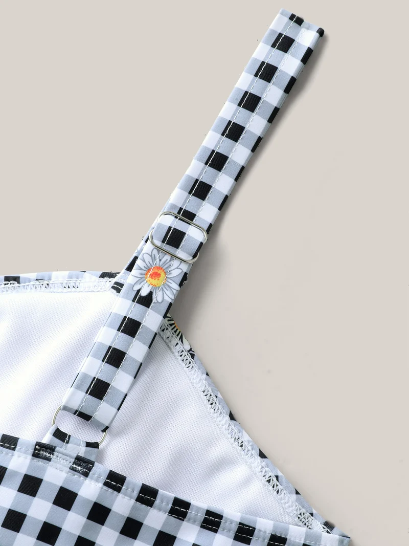 Plaid Floral Print Drawstring One-Piece Swimsuit