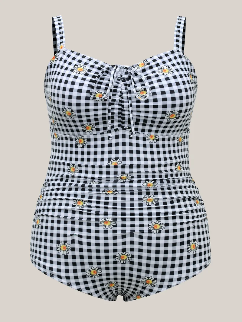 Plaid Floral Print Drawstring One-Piece Swimsuit