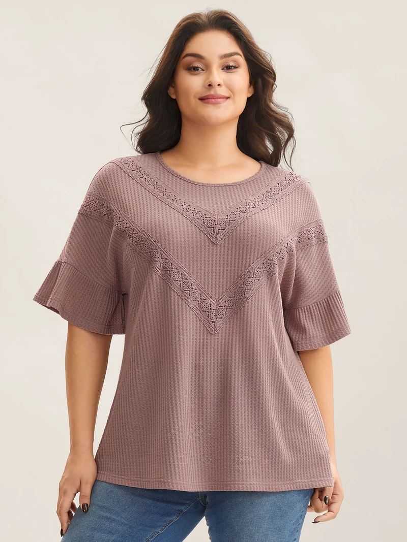 Textured Lace Ruffled Sleeve T-Shirt