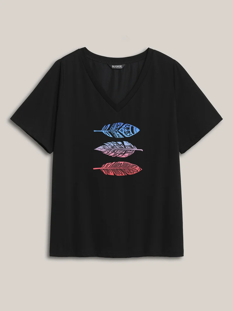 Multi-Color Leaf Pattern V-Neck T-Shirt