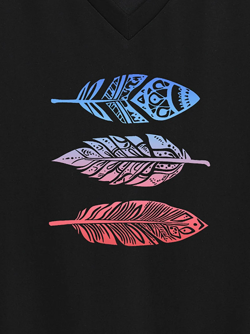 Multi-Color Leaf Pattern V-Neck T-Shirt