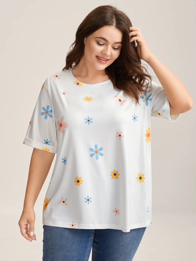 Stretchy Floral Print Round Neck T-Shirt