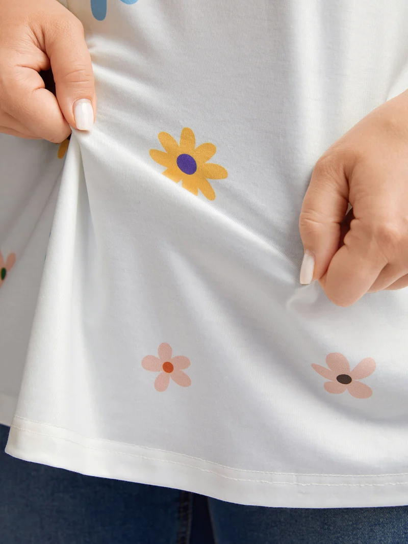 Stretchy Floral Print Round Neck T-Shirt