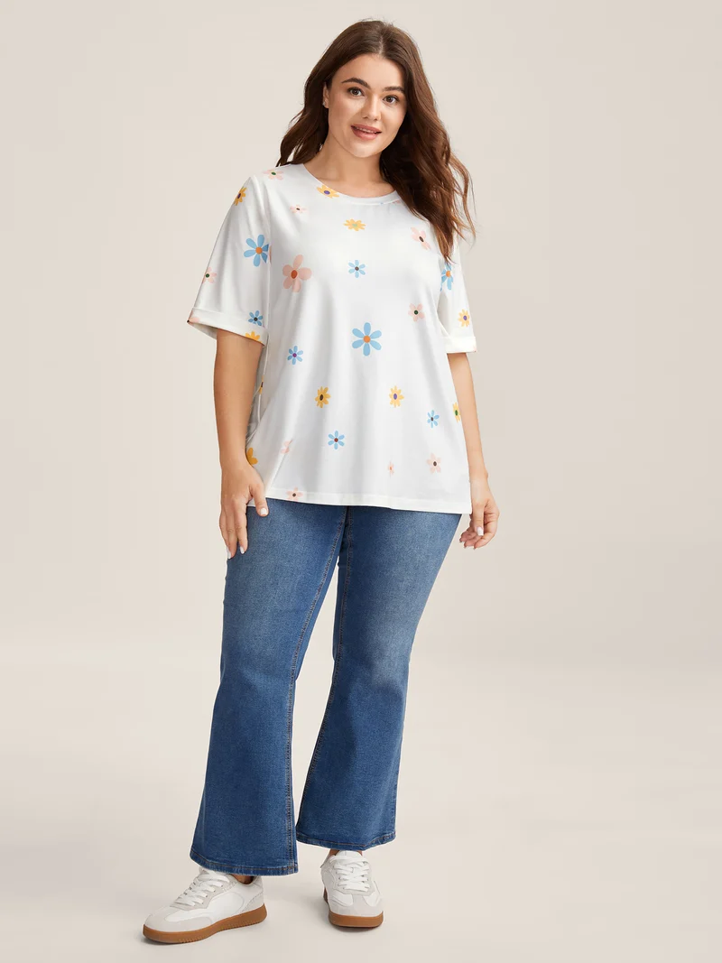 Stretchy Floral Print Round Neck T-Shirt