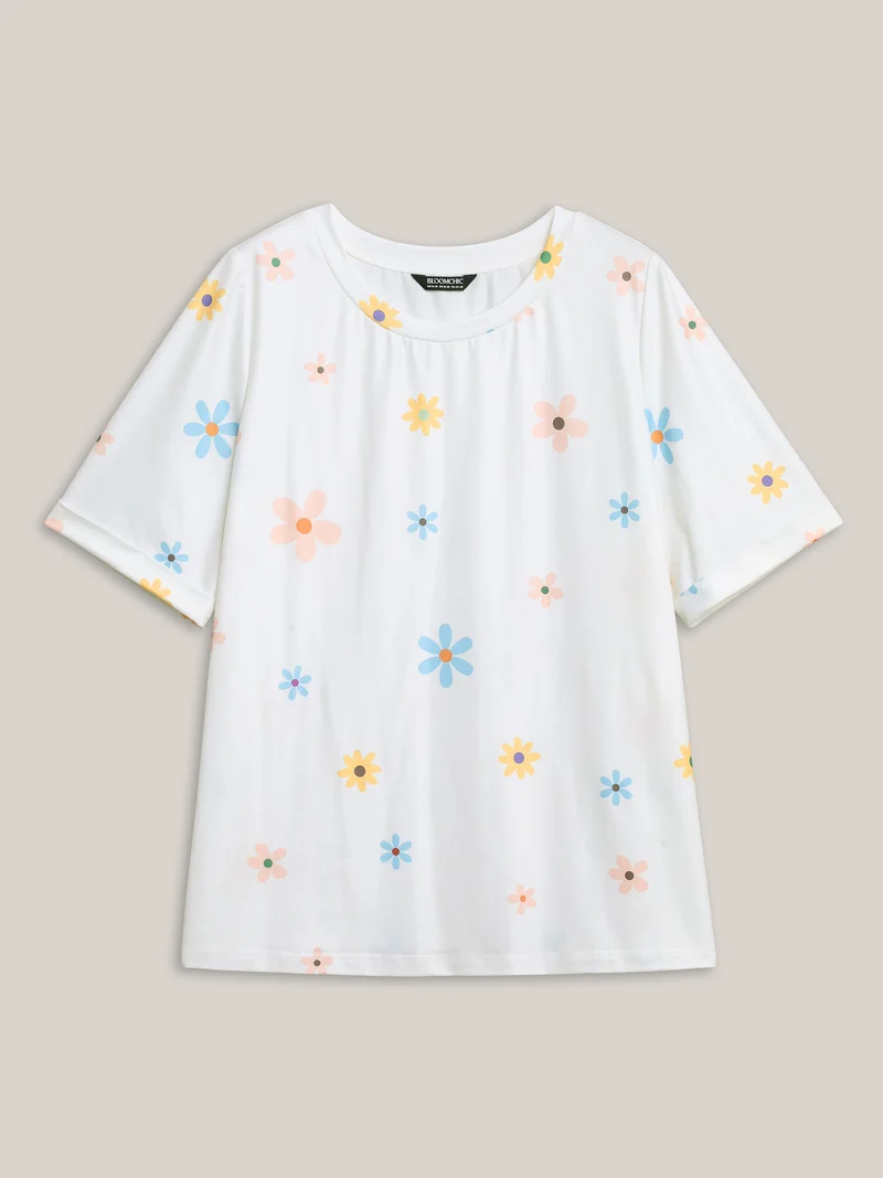 Stretchy Floral Print Round Neck T-Shirt