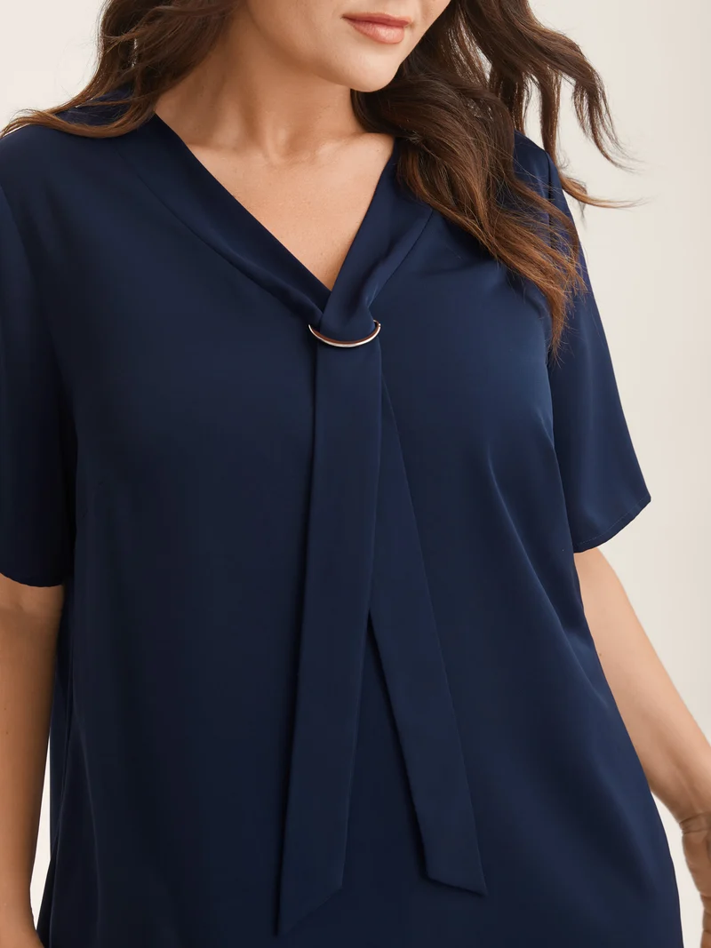 Ribbon Neck Metallic Detail Solid Blouse