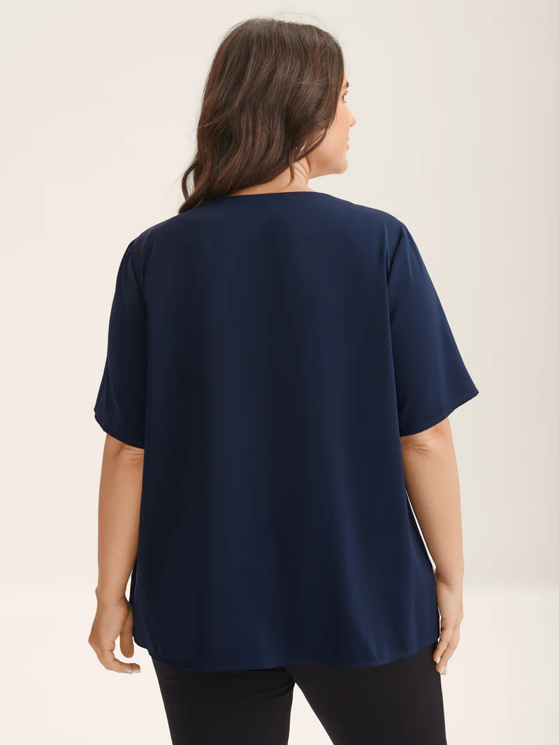 Ribbon Neck Metallic Detail Solid Blouse